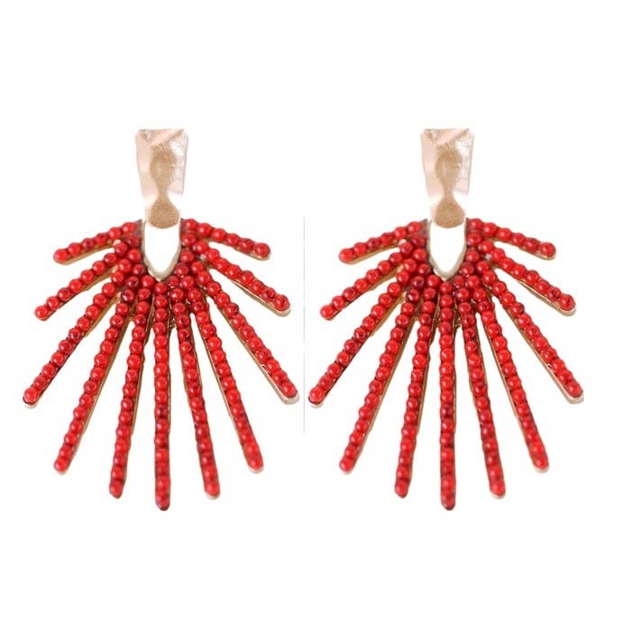 Red Sunburst Statement Drop Earrings with Gold Hammered Design