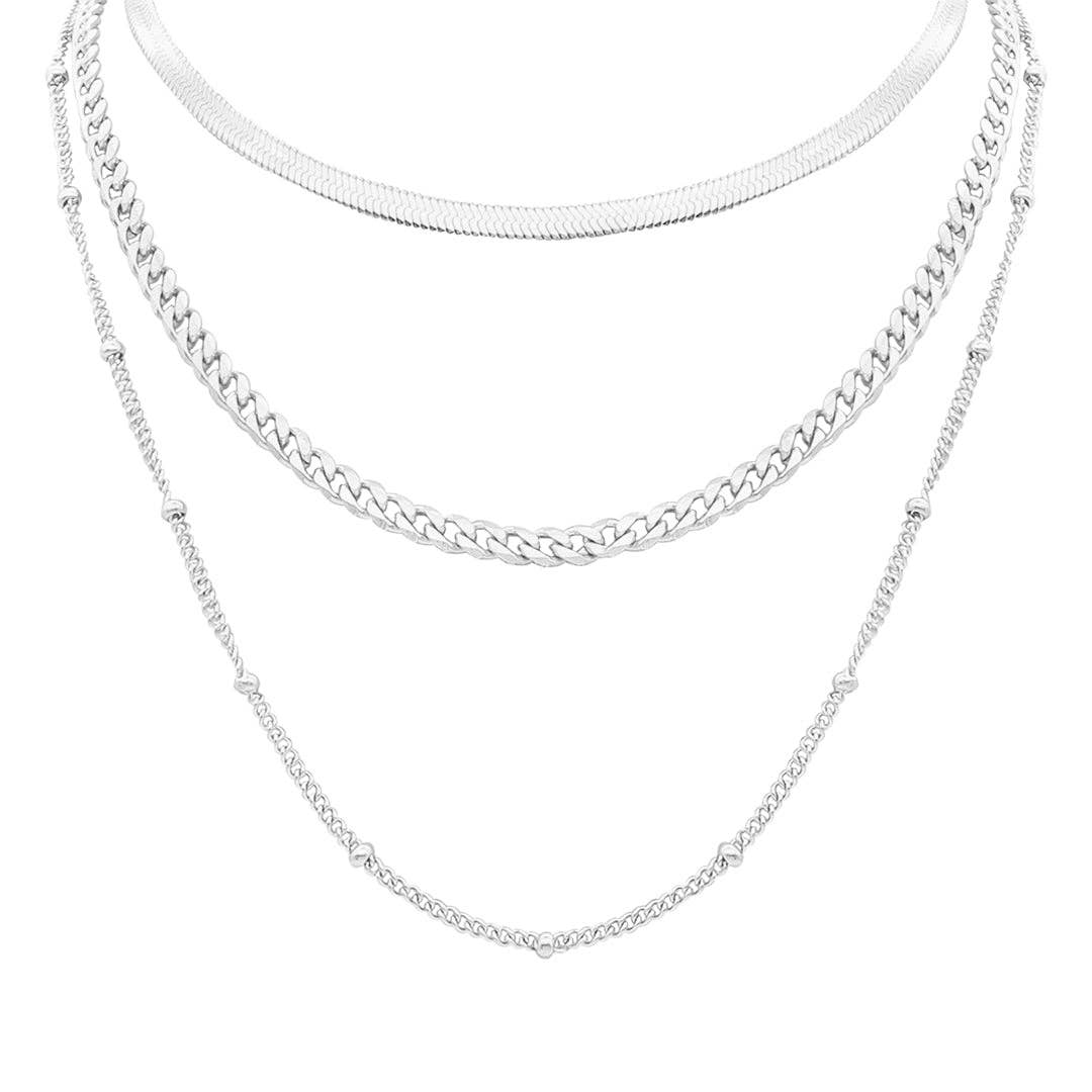 1-4-3 Silver Triple Layered Necklace for Effortless Style