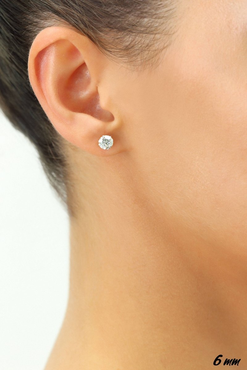 14K Solid White Gold CZ Stud Earring with Secure Push-Back 6mm