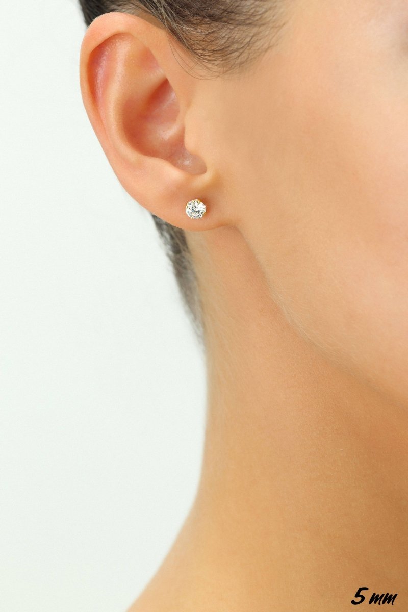 14K Solid Yellow Gold CZ Stud Earring with Secure Push-Back 7mm