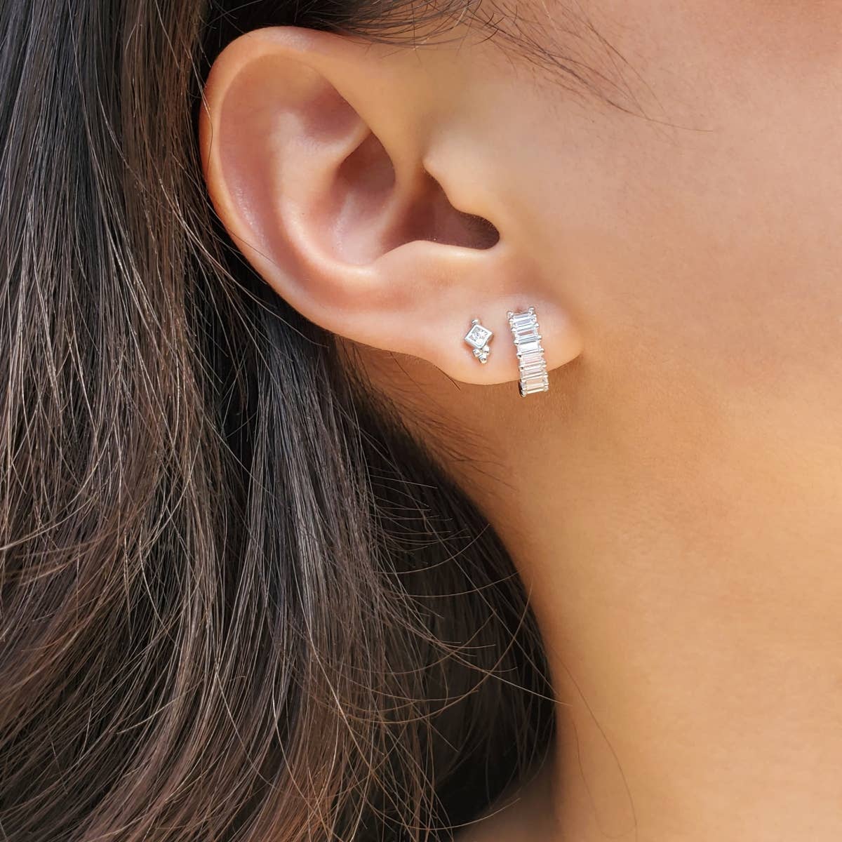 18K Baguette 10mm Huggie Earrings - Red Bird Road