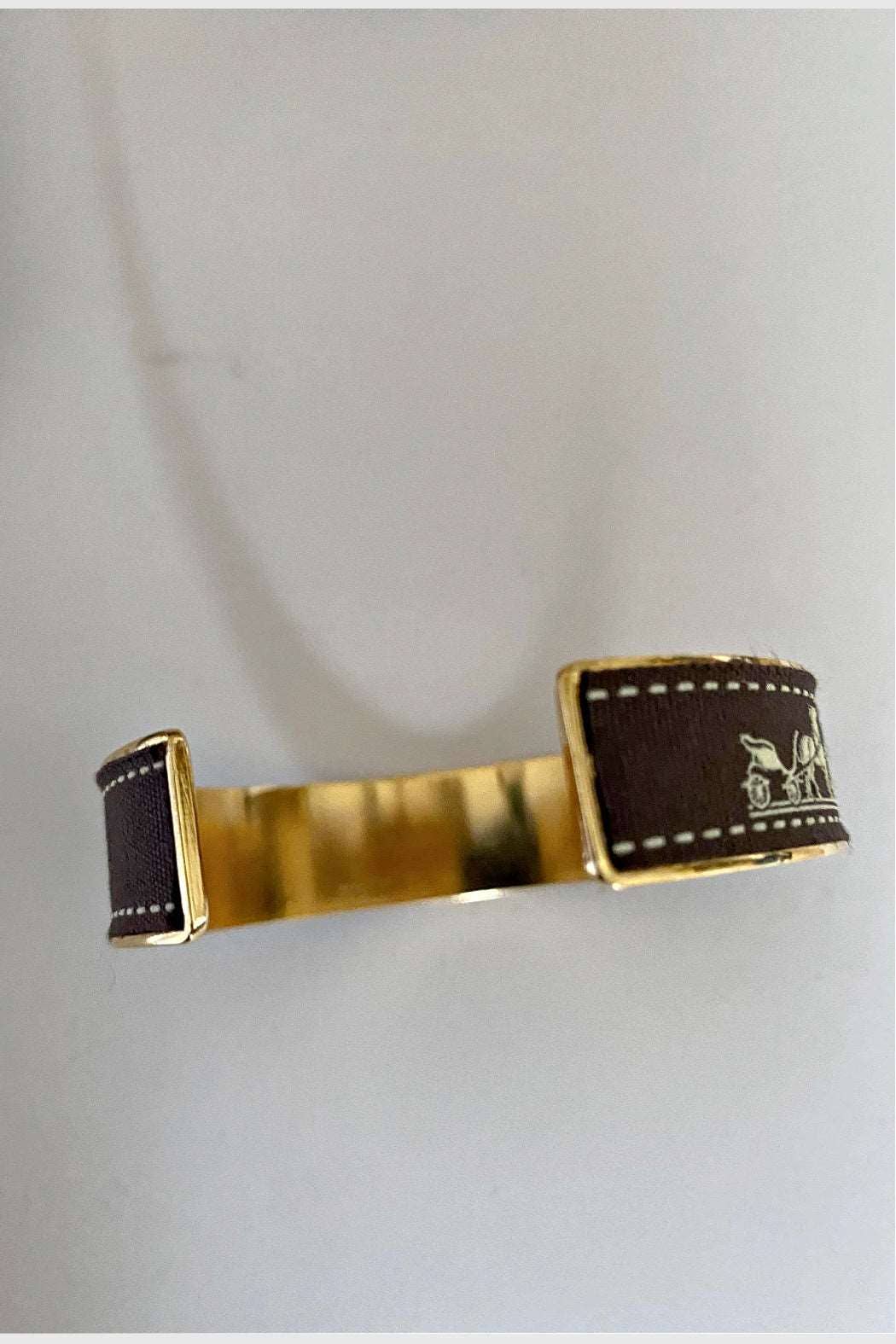 Hermes Inspired Upcycled Cuff Bracelet With Brown Ribbon