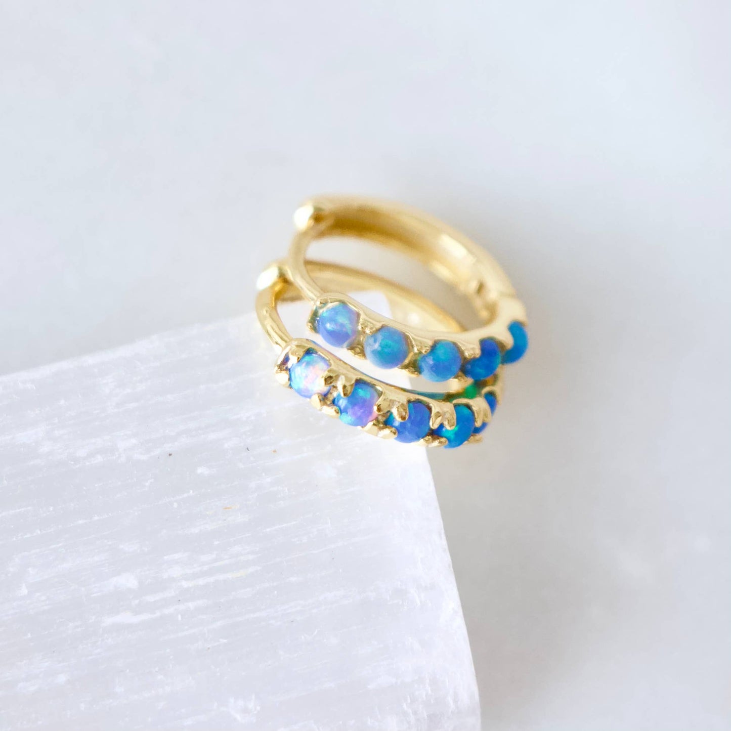 Whimsical Blue Opal Huggie Hoop Earrings Hypoallergenic Style