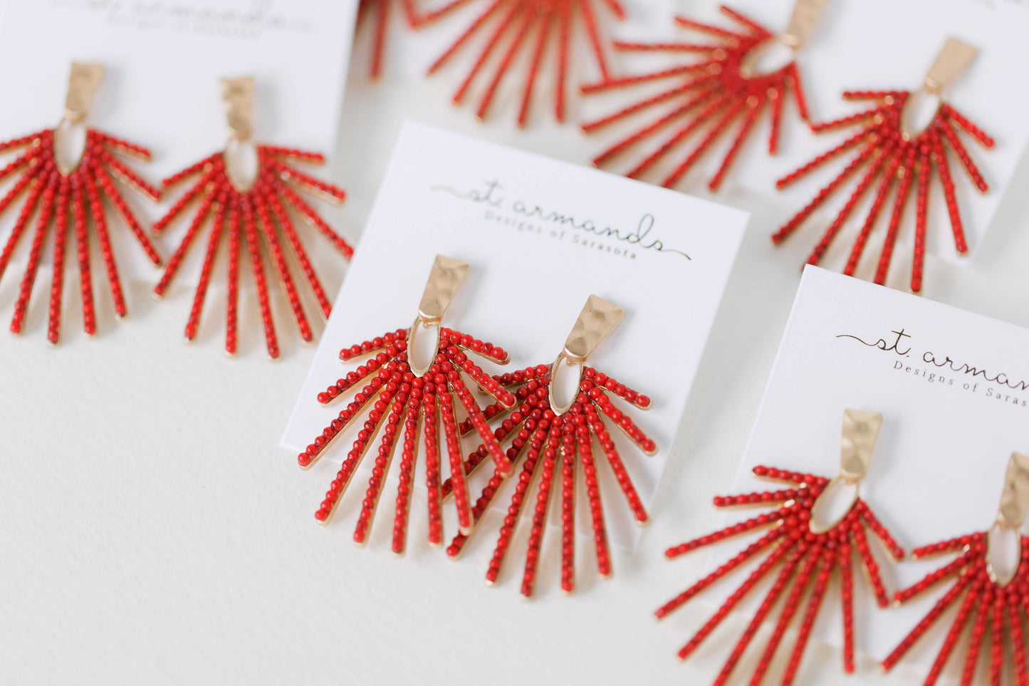 Red Sunburst Statement Drop Earrings with Gold Hammered Design