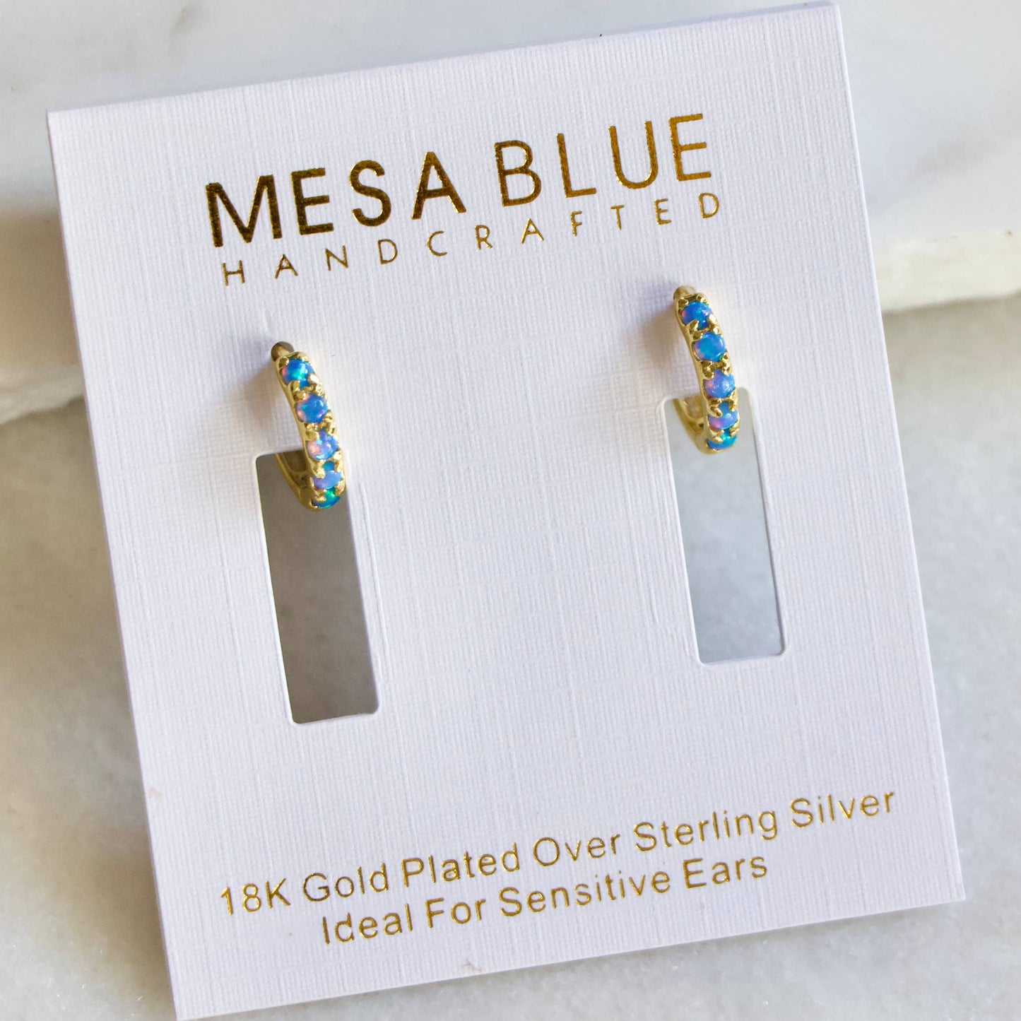 Whimsical Blue Opal Huggie Hoop Earrings Hypoallergenic Style