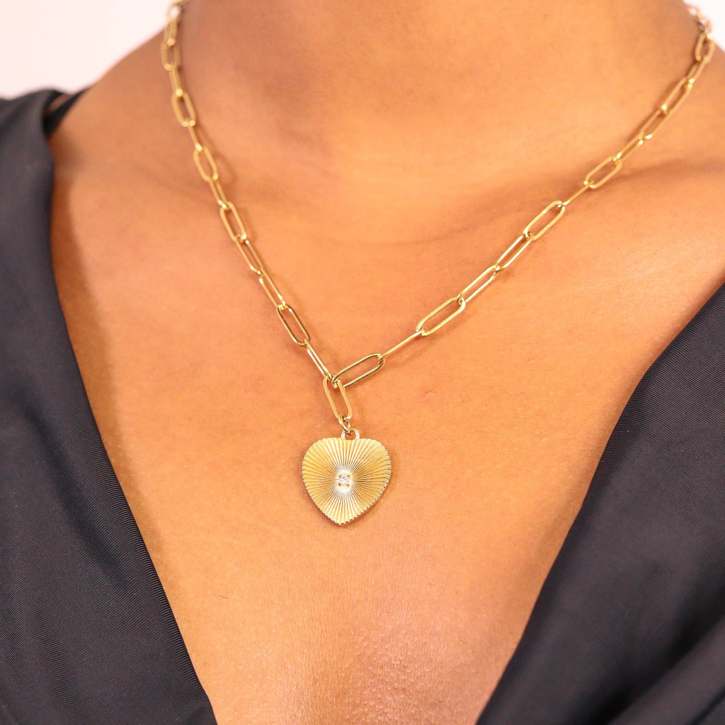 Sunburst Heart Pendant Necklace - Stainless Steel with CZ