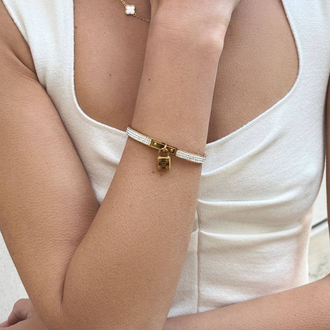 Addicted to Charm 14k Gold Plated Pave Lock Bangle Jewelry