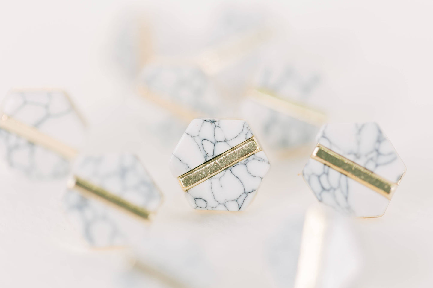 White Marble Hexagon Stud Earrings for Elegant Style