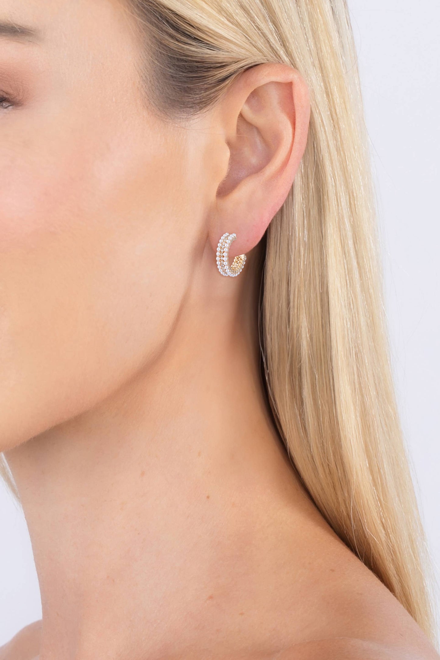 Stephanie Glass Pearl Huggie Hoop Earrings with CZ Crystals