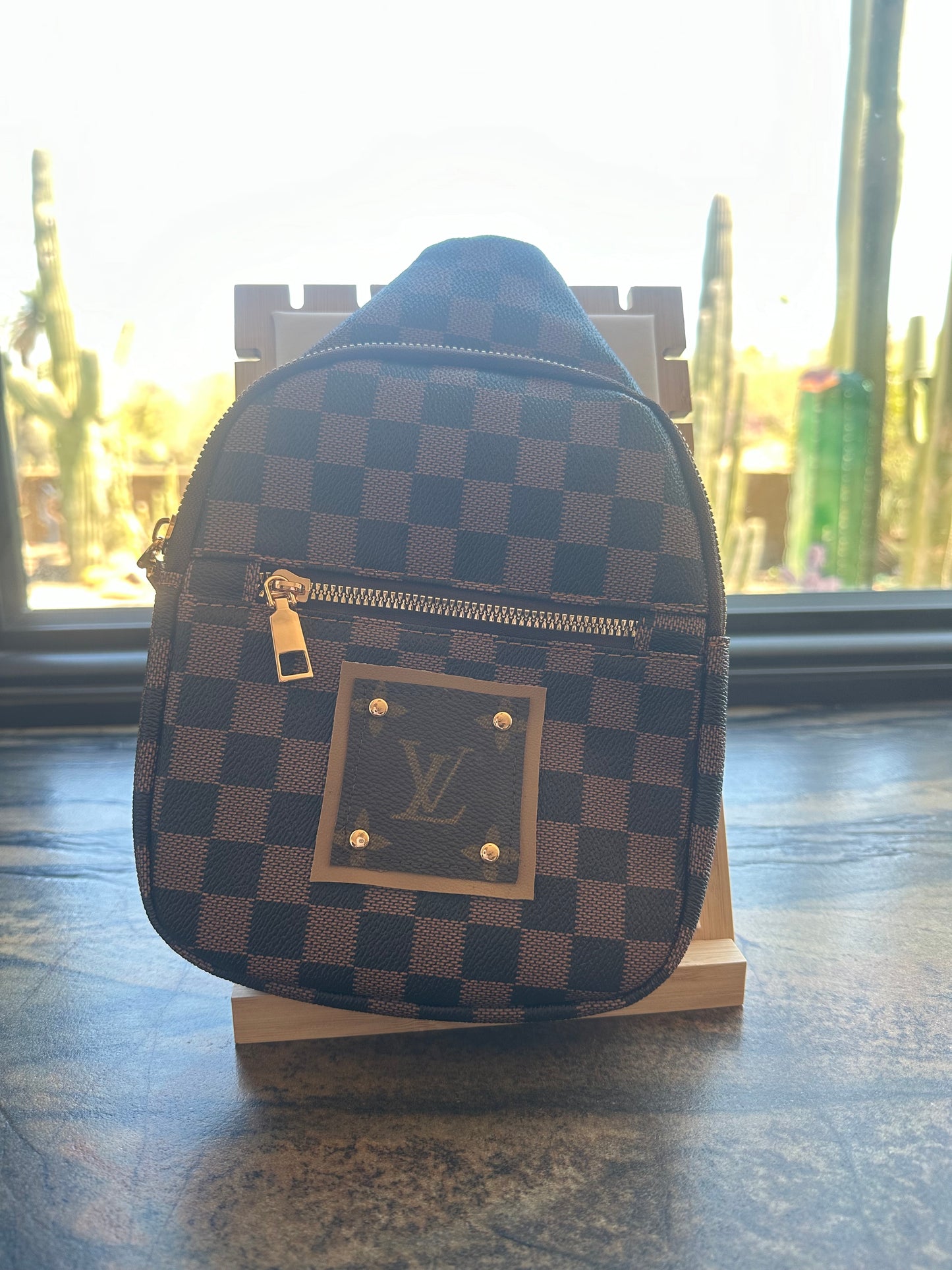 Upcycled LV Vegan Leather Brown Checkered Sling Bag Style