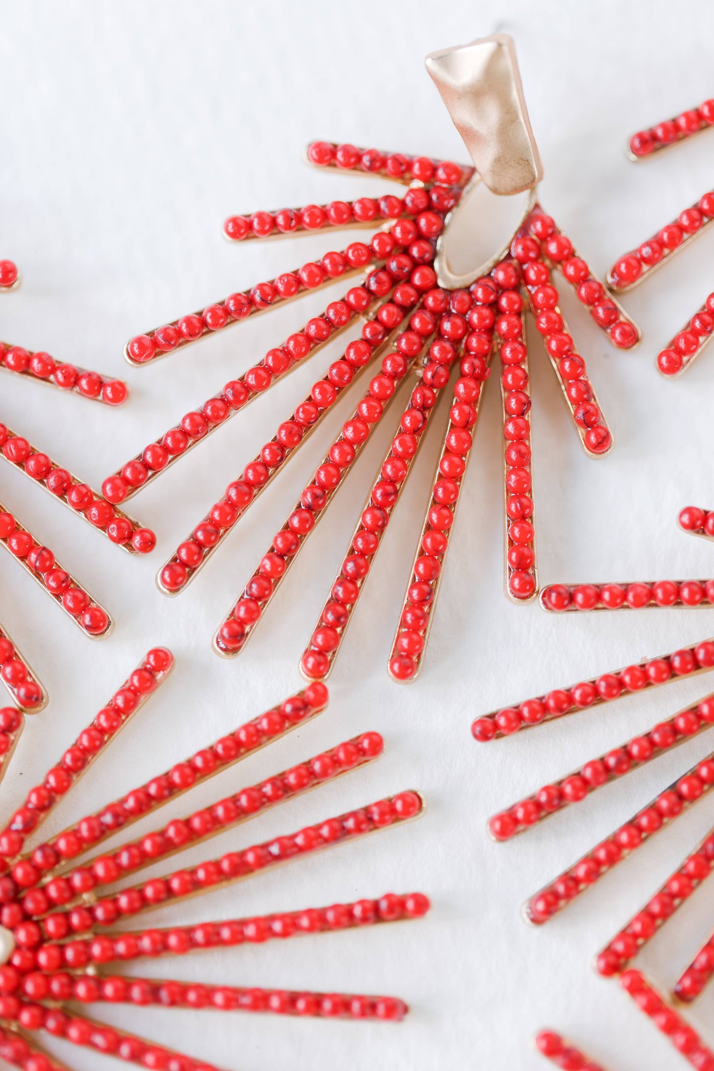 Red Sunburst Statement Drop Earrings with Gold Hammered Design