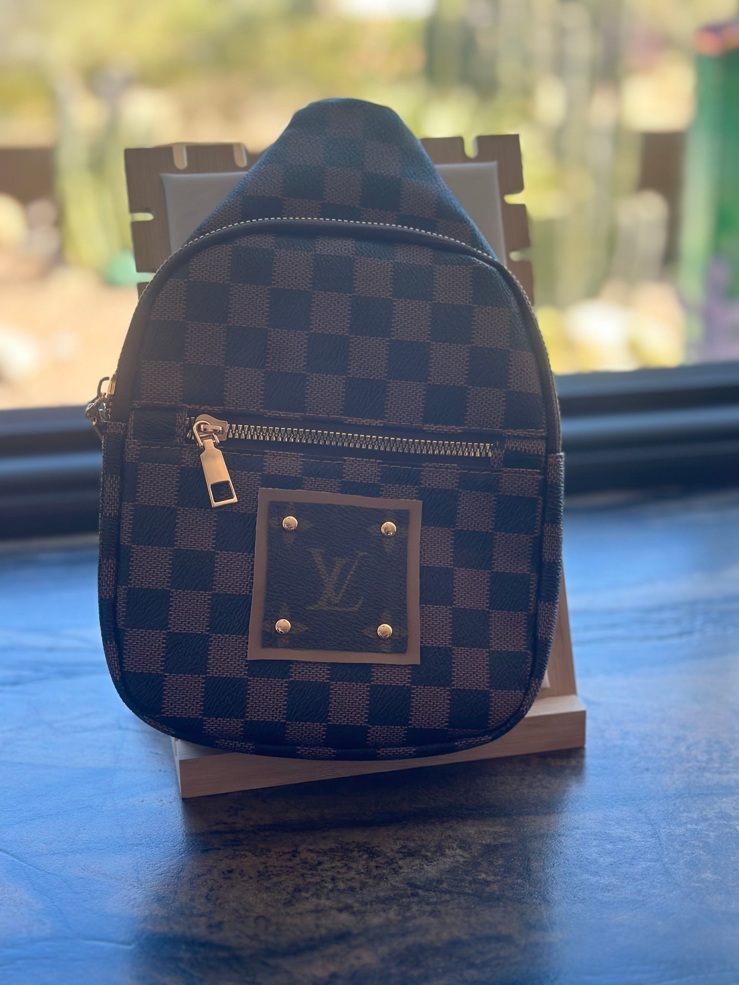 Upcycled LV Vegan Leather Brown Checkered Sling Bag Style