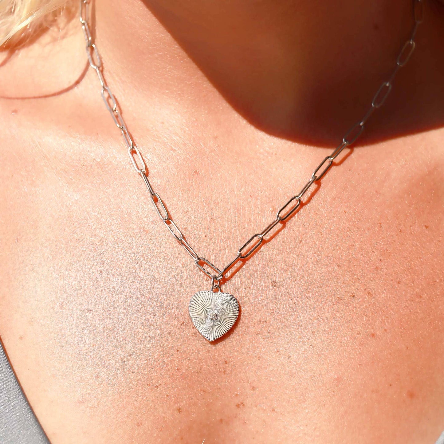 Sunburst Heart Pendant Necklace - Stainless Steel with CZ
