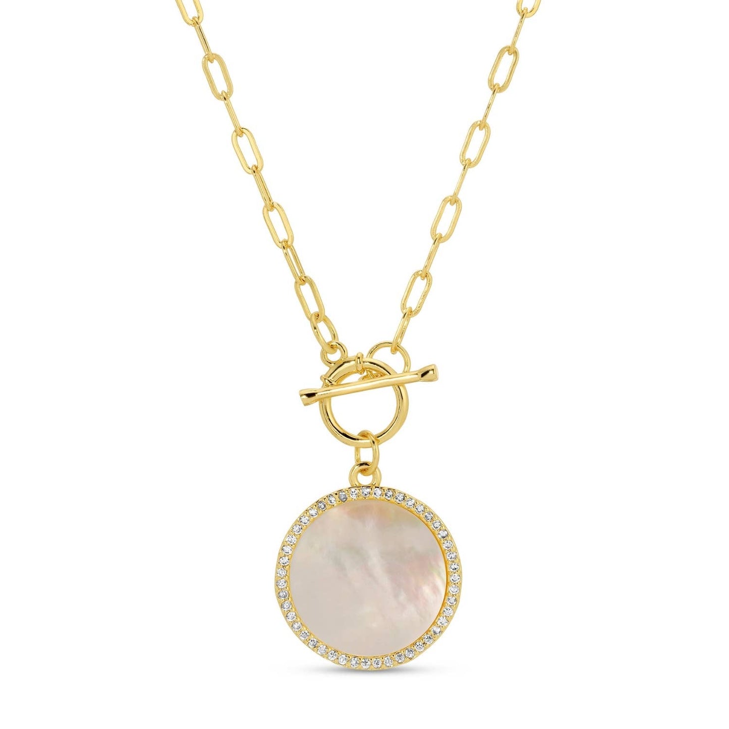 Full Circle Mother Of Pearl Pave Circle Toggle Necklace