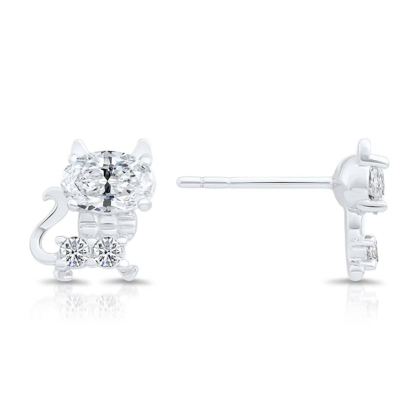 Sterling Silver & CZ Cat Stud Earring for Cat Lovers