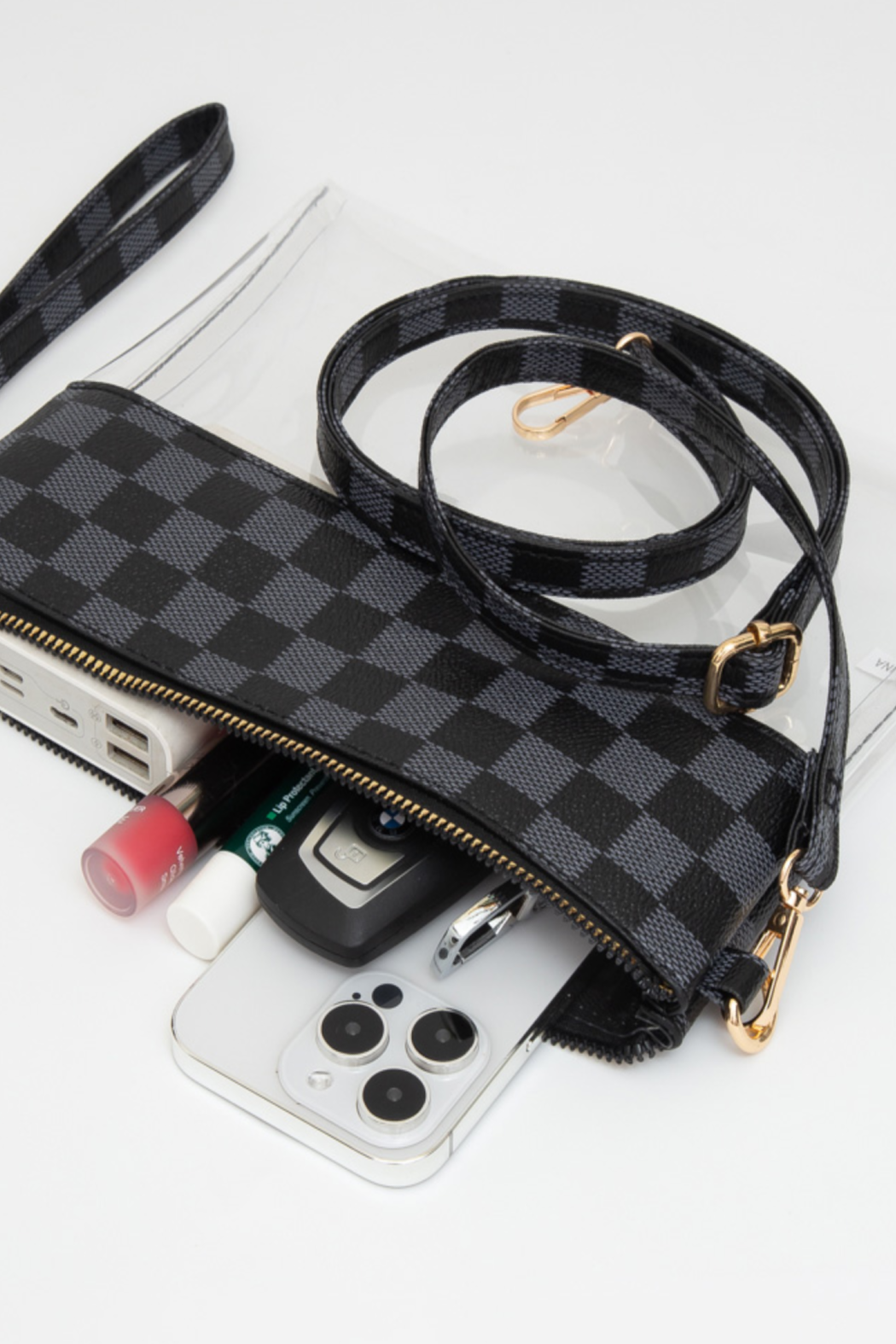 LV Upcycled Transparent Checkered Wristlet Crossbody Bag Style