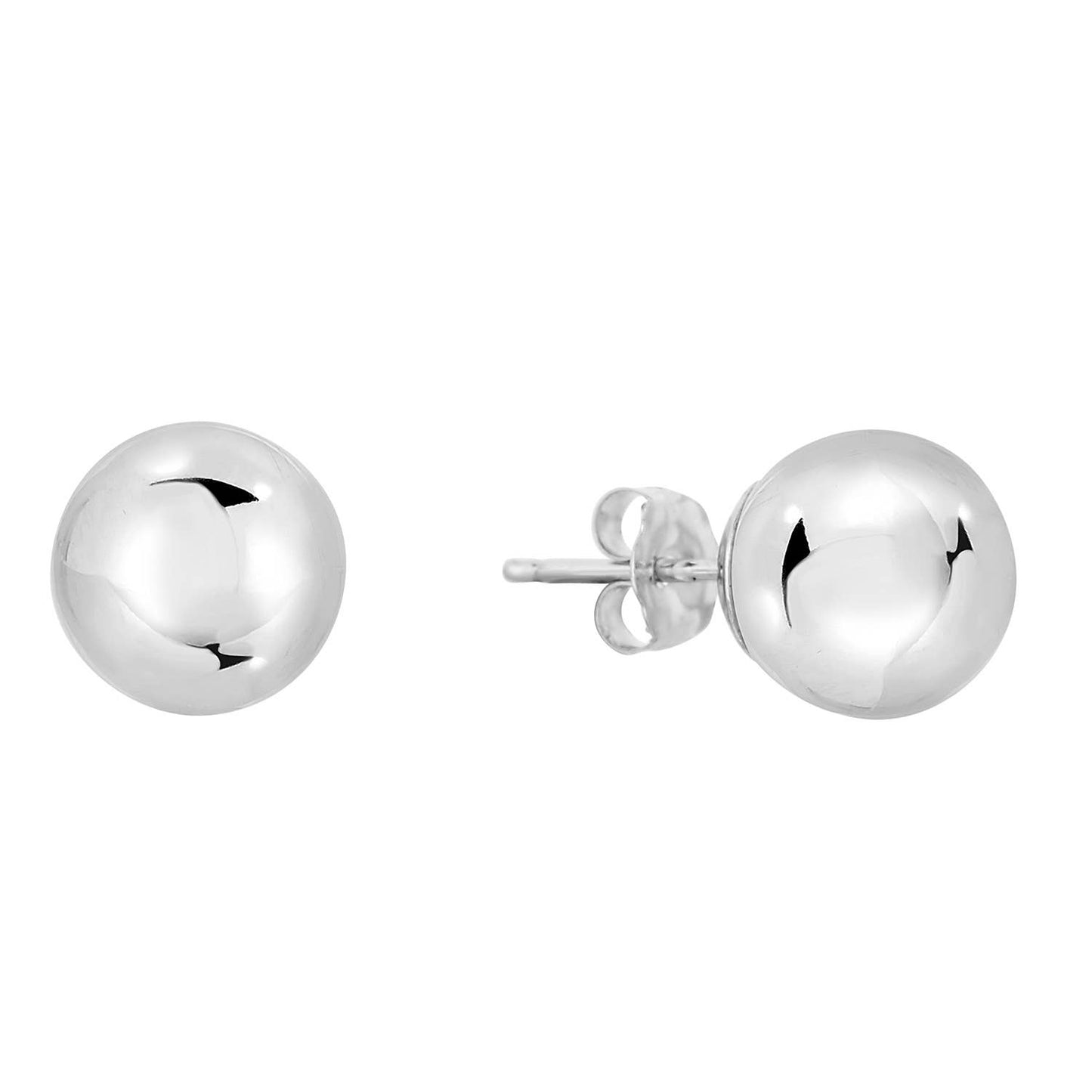 Solid 14K White Gold Ball Stud Earring with Secure Push-Back 8mm