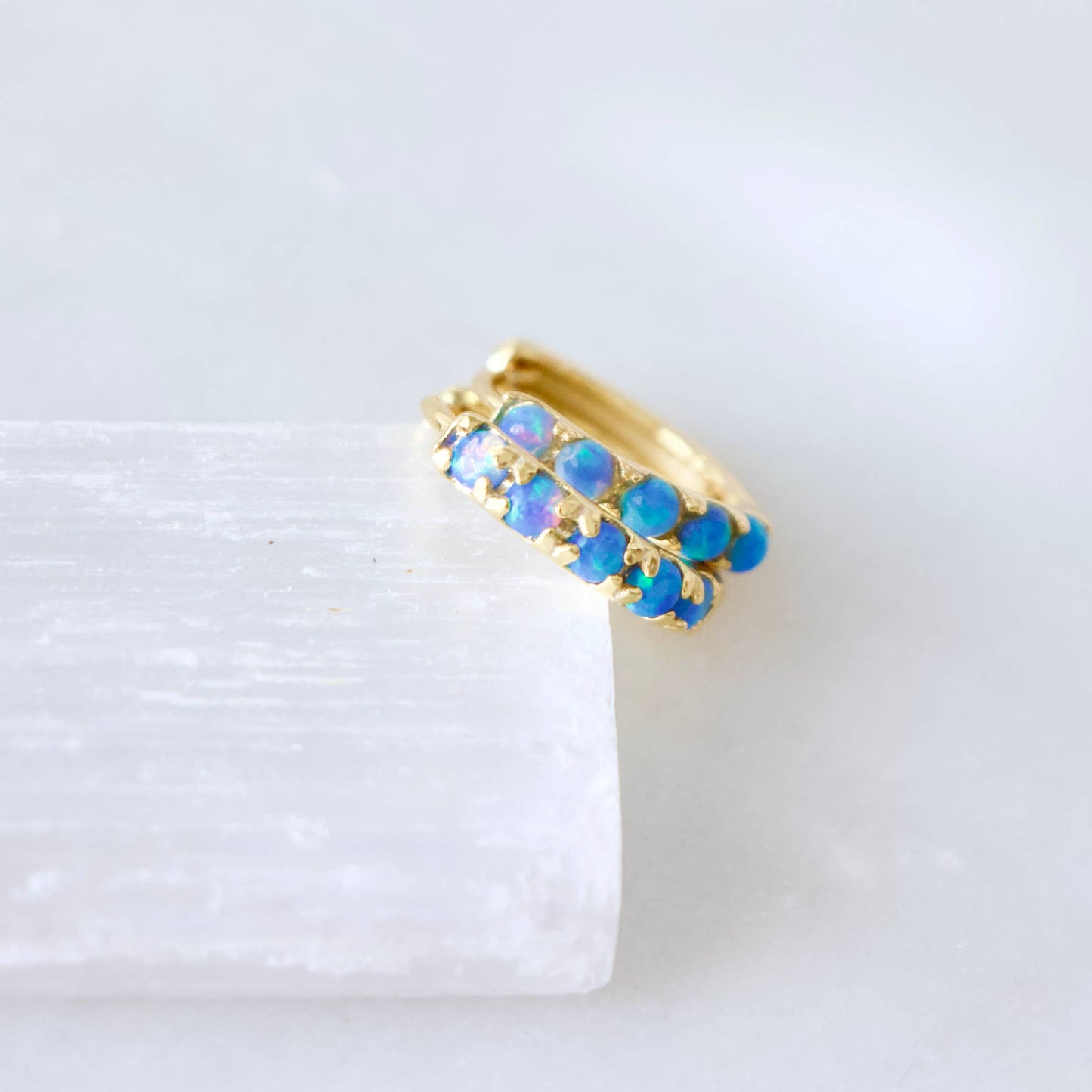 Whimsical Blue Opal Huggie Hoop Earrings Hypoallergenic Style