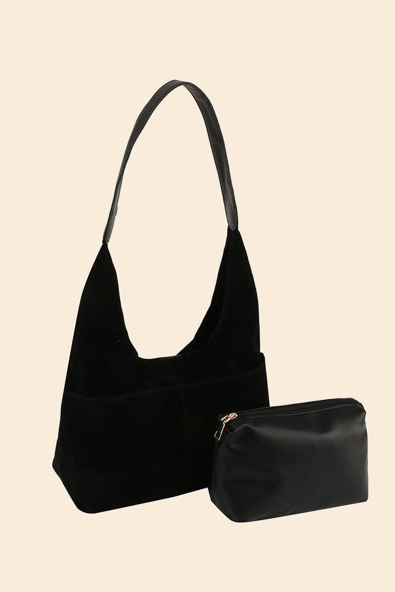 2 In 1 Faux Suede Shoulder Bag: Black for Stylish Versatility