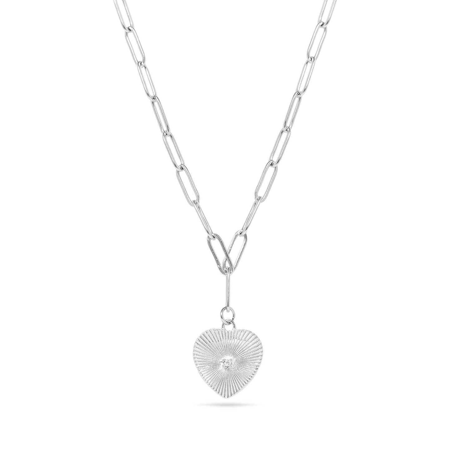 Sunburst Heart Pendant Necklace - Stainless Steel with CZ