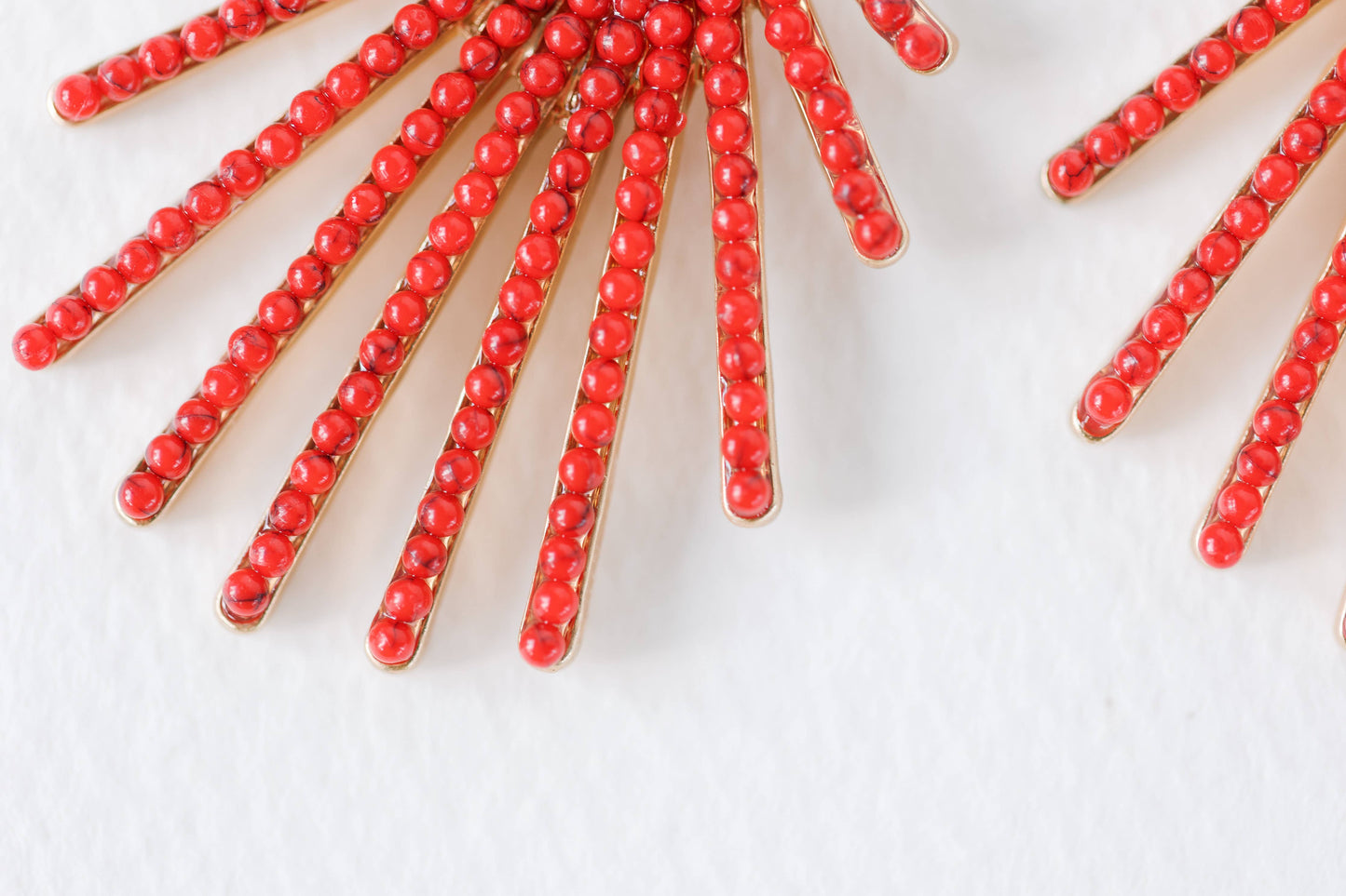 Red Sunburst Statement Drop Earrings with Gold Hammered Design
