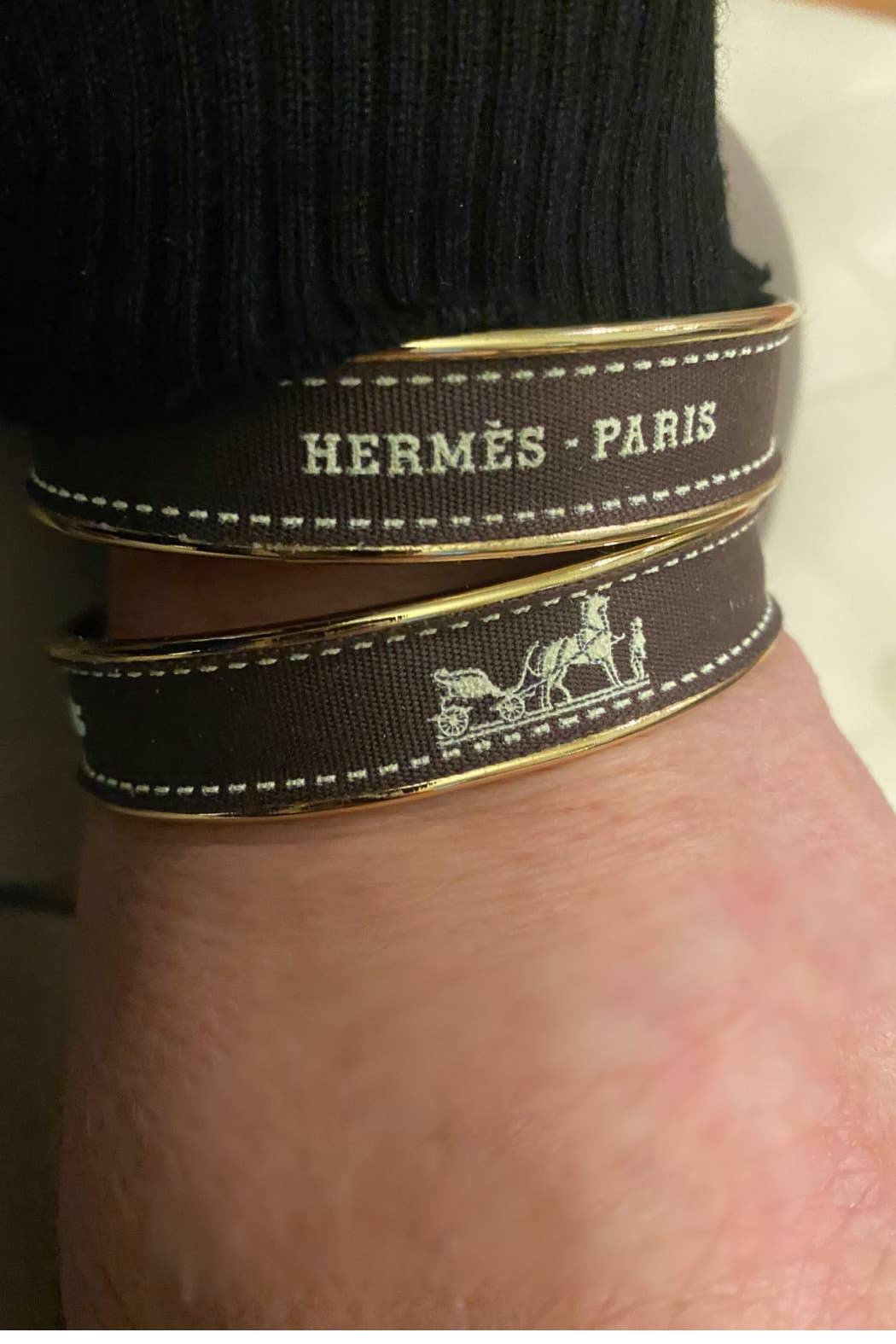 Hermes Inspired Upcycled Cuff Bracelet With Brown Ribbon