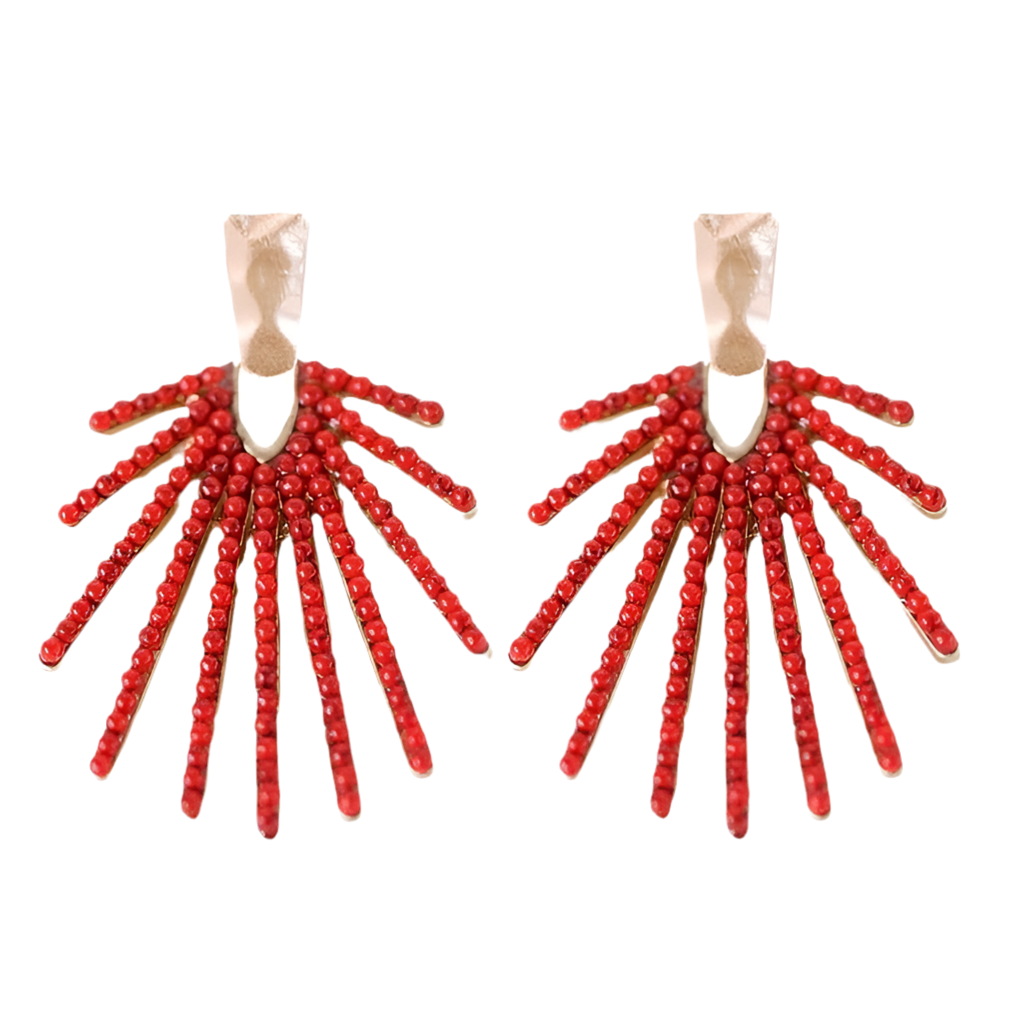 Red Sunburst Statement Drop Earrings with Gold Hammered Design