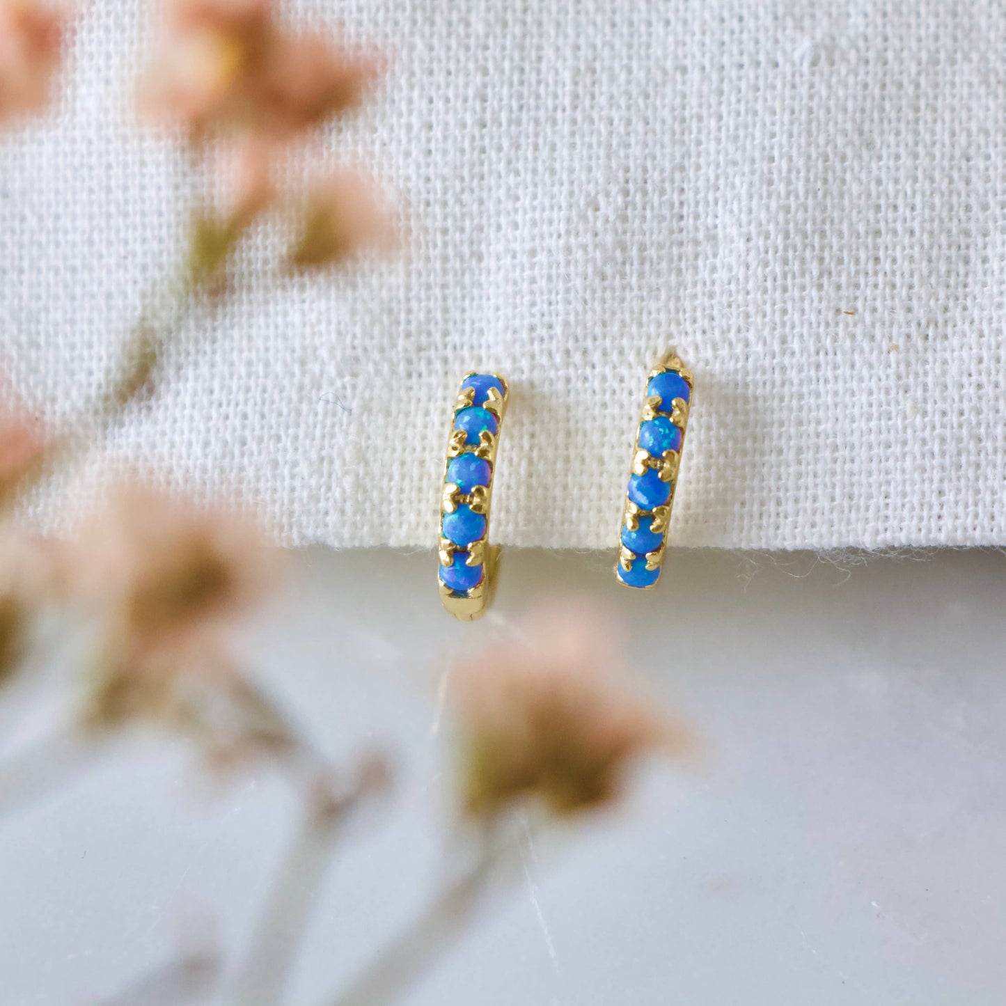 Whimsical Blue Opal Huggie Hoop Earrings Hypoallergenic Style
