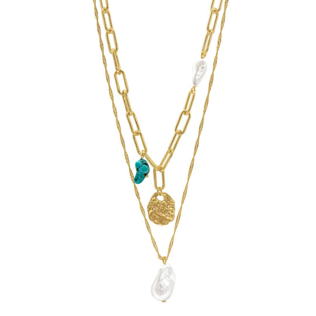 Land and Sea Pearl & Turquoise Stone Pendants Necklace