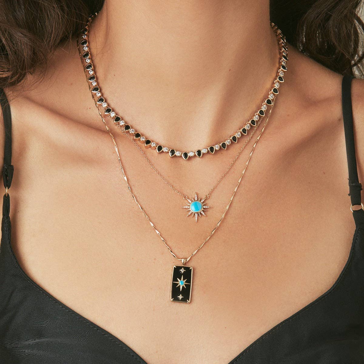 Black Onyx & Gold Teardrop Tennis Necklace