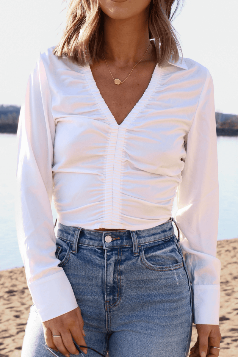 Bridal Bay White Cinched Long Sleeve Blouse - FINAL SALE