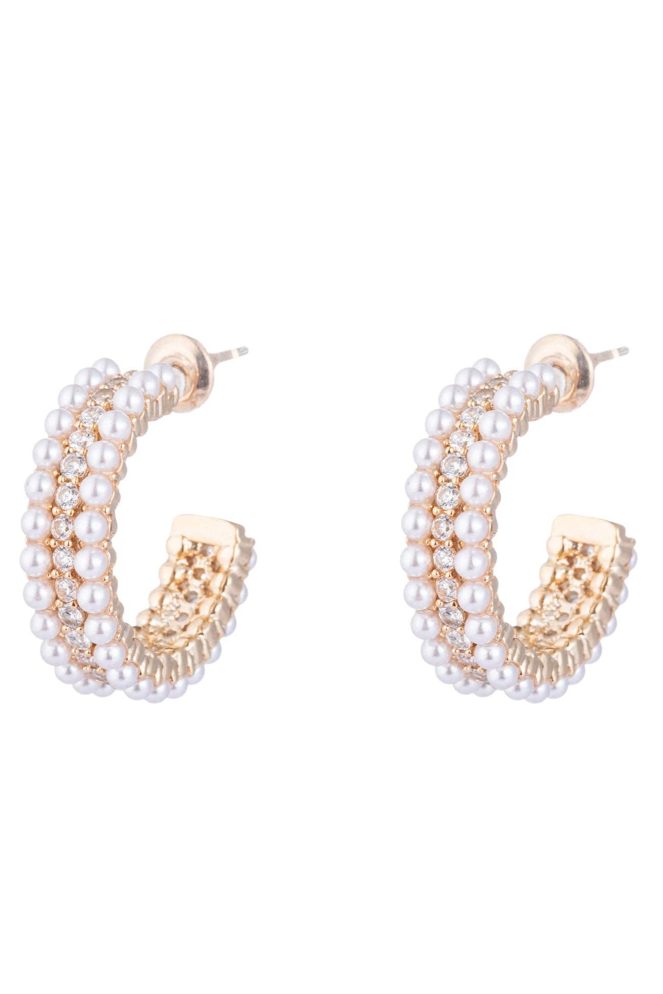 Stephanie Glass Pearl Huggie Hoop Earrings with CZ Crystals