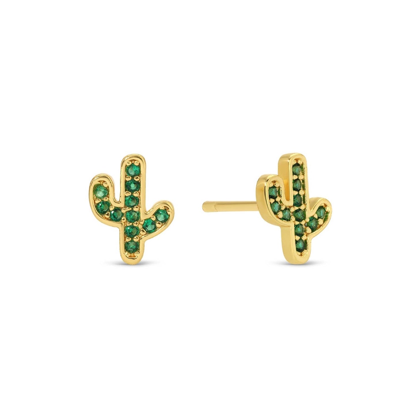 Saguaro Green Pave Cactus Studs in 18K Gold Brass