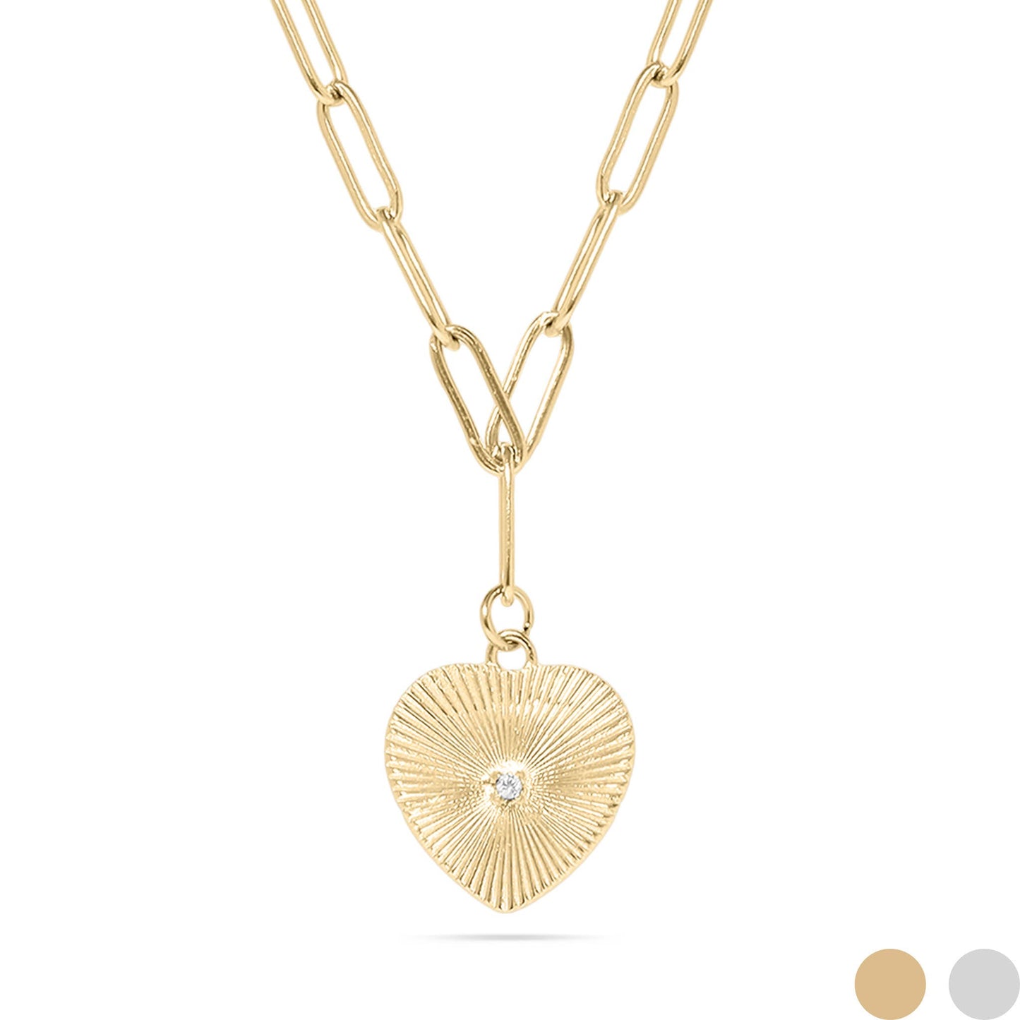 Sunburst Heart Pendant Necklace - Stainless Steel with CZ
