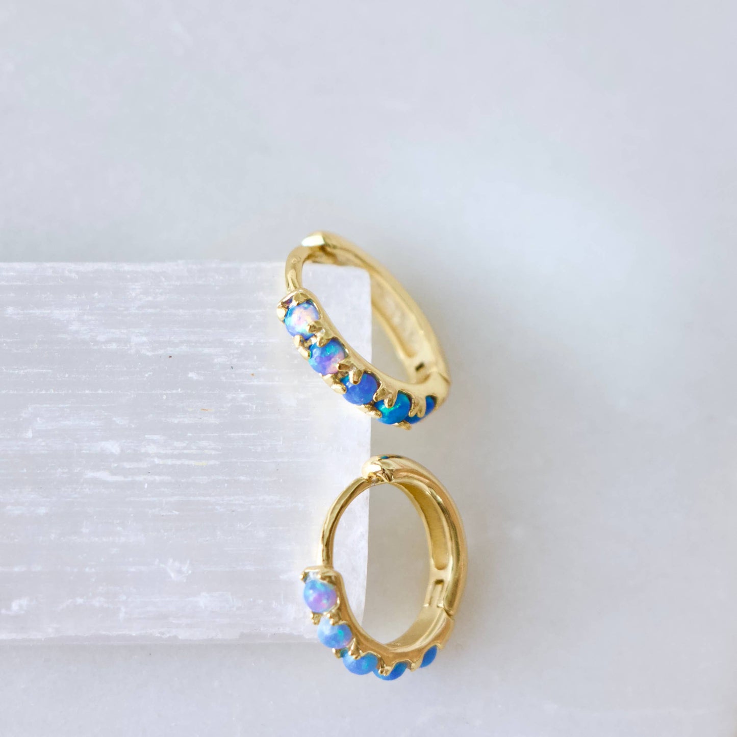 Whimsical Blue Opal Huggie Hoop Earrings Hypoallergenic Style