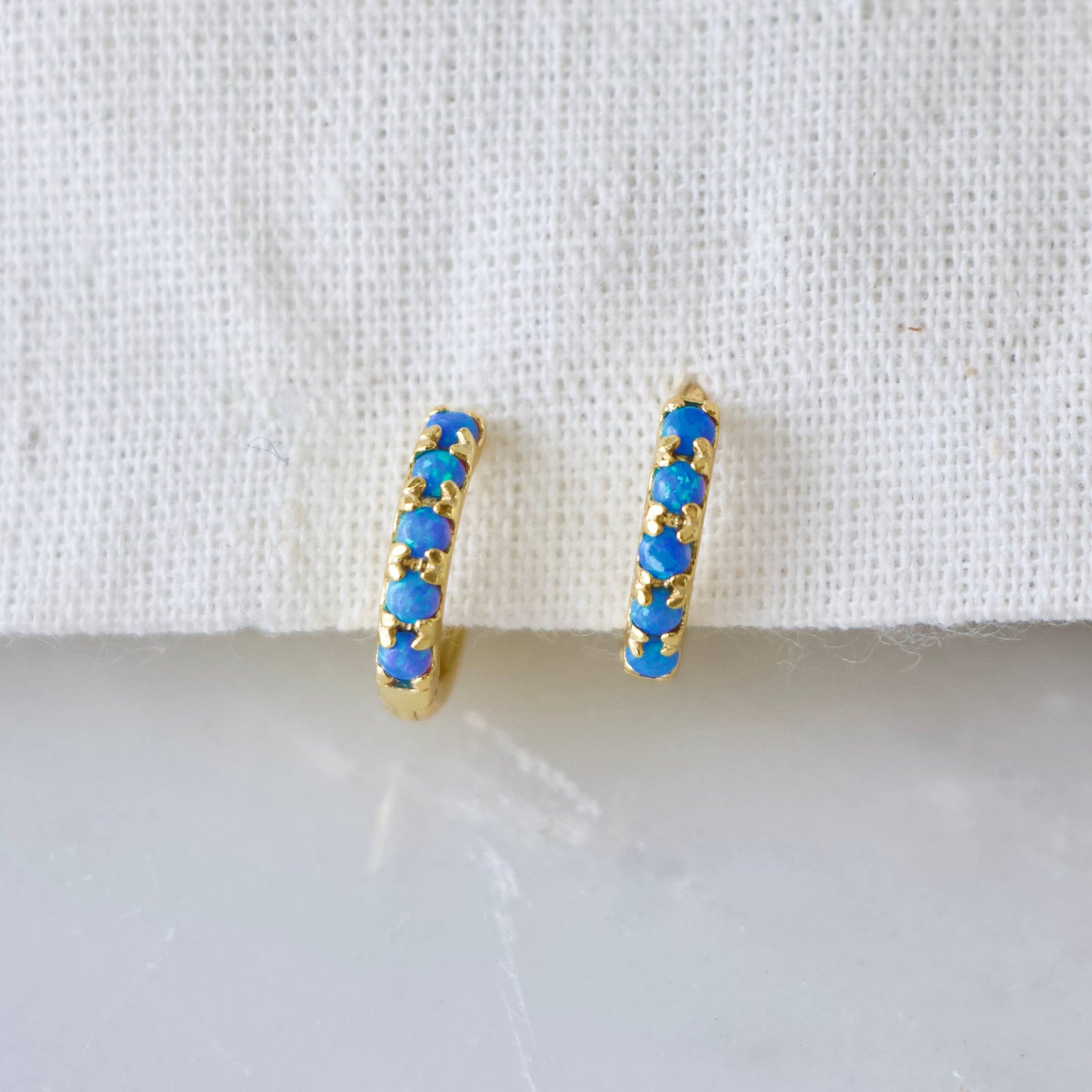Whimsical Blue Opal Huggie Hoop Earrings Hypoallergenic Style