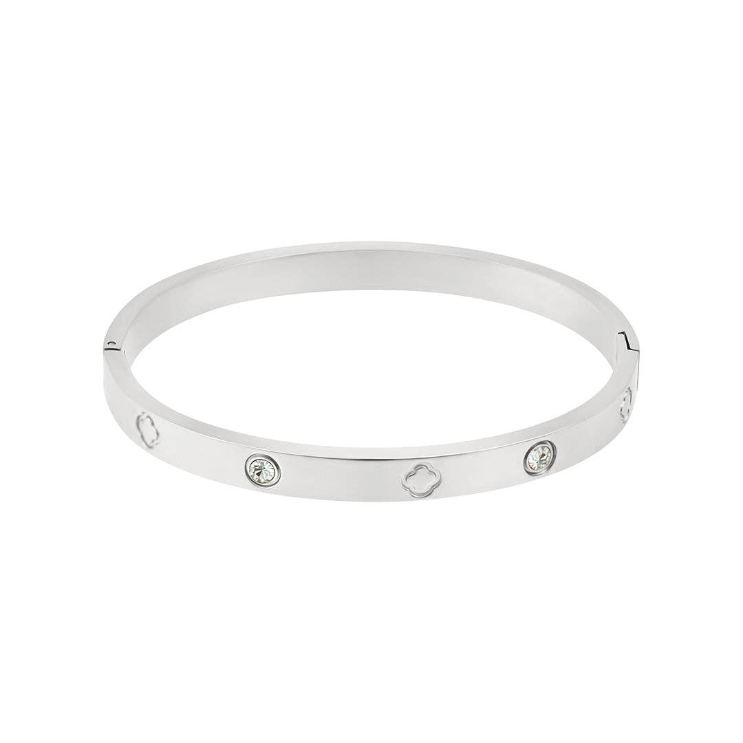 Feeling Lucky CZ and Clover Silver Bangle for Every Day