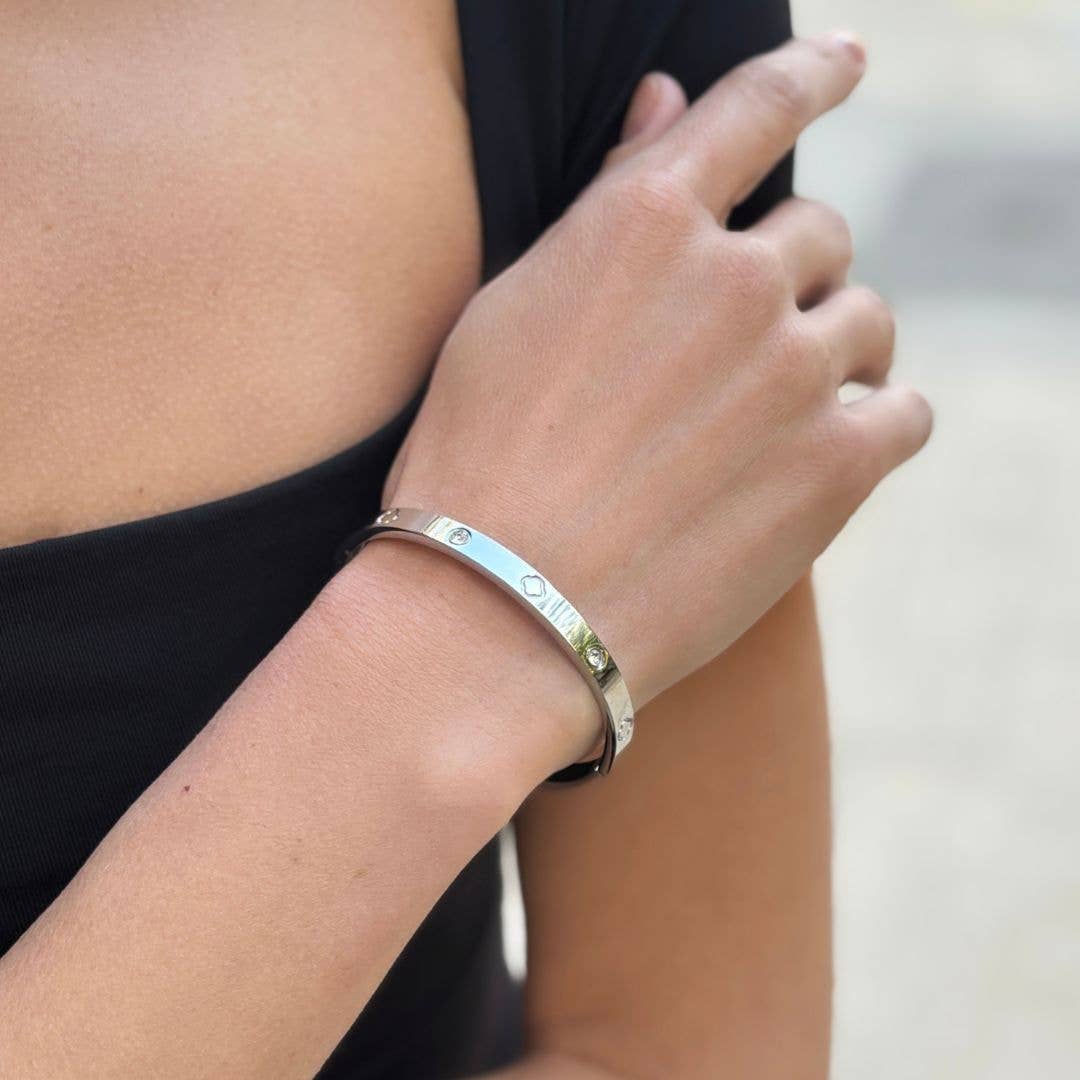 Feeling Lucky CZ and Clover Silver Bangle for Every Day