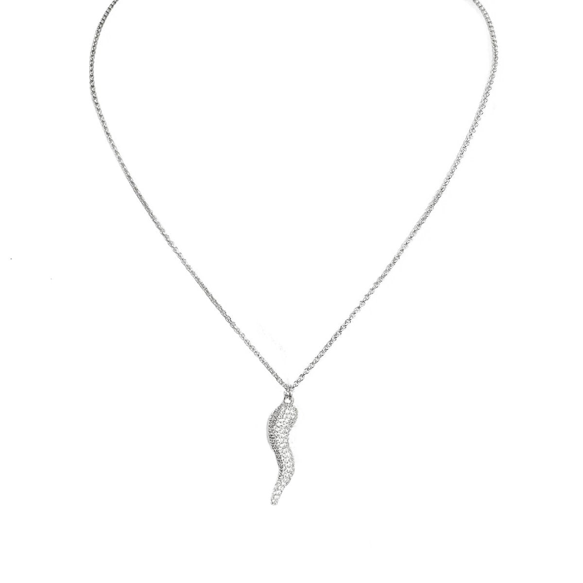 Gia Large Pave Italian Horn Cornicello Necklace in Silver
