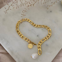 Gina 18K Gold Plated Figaro Chain Bracelet With Pearl Charm