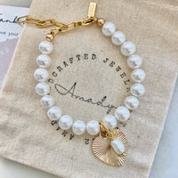Love The Water Freshwater Pearl Gold Heart Charmed Bracelet Coquette