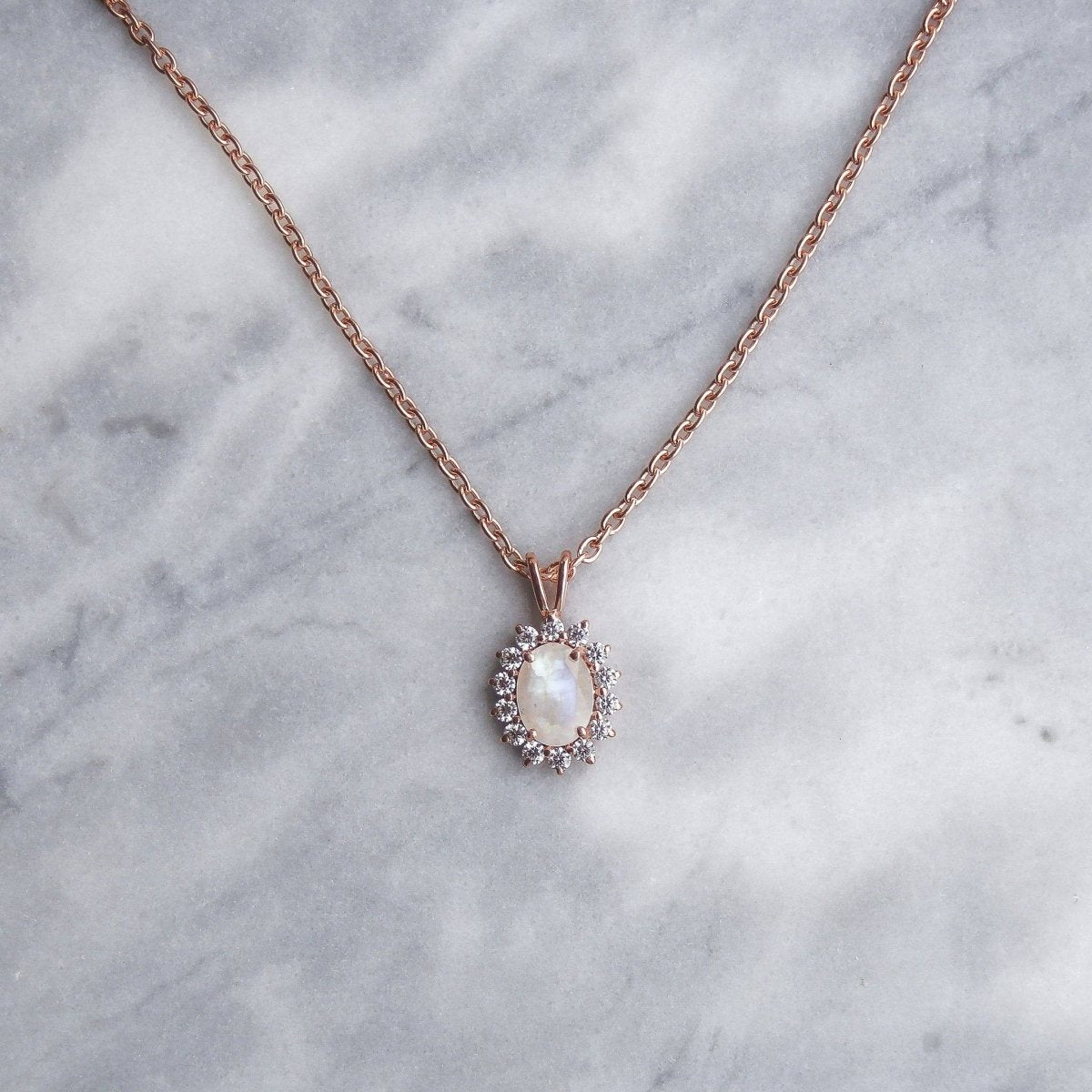 Rose Gold Rainbow Moonstone & Diamond Vintage Fleur Pendant