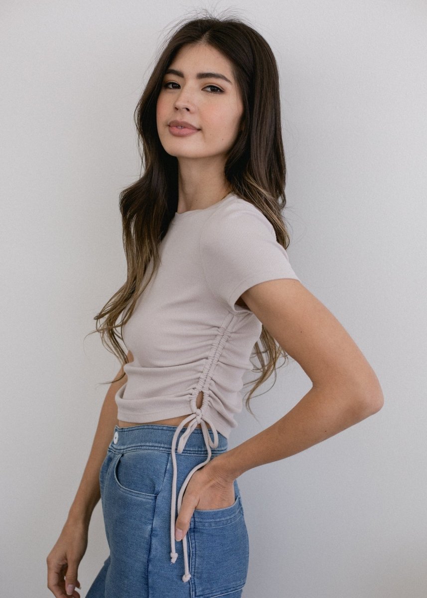 Ruched Ribbed Crop Tee Oatmeal