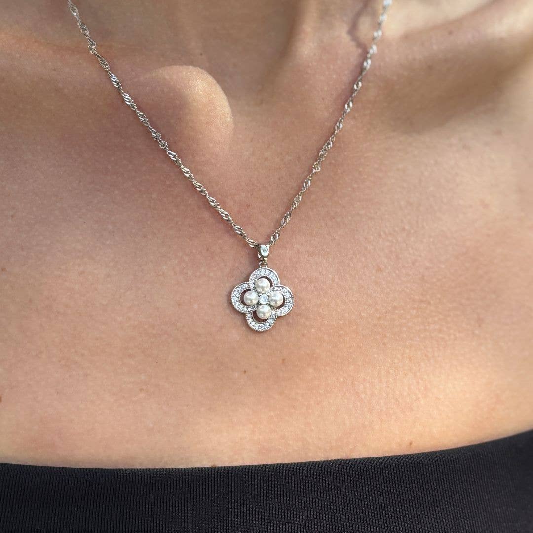 Sabrina Silver Pearl-Studded Clover Necklace for Women