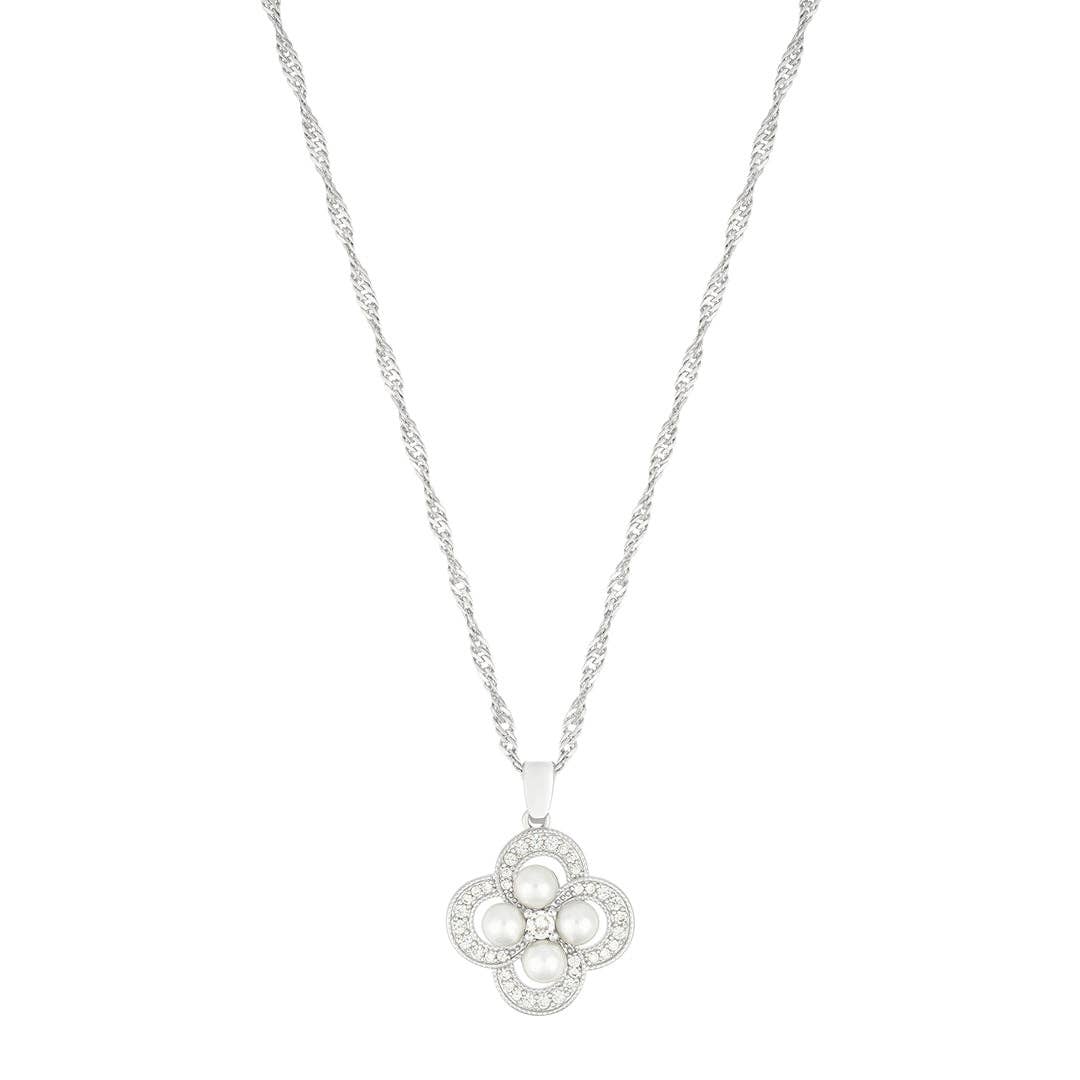 Sabrina Silver Pearl-Studded Clover Necklace for Women
