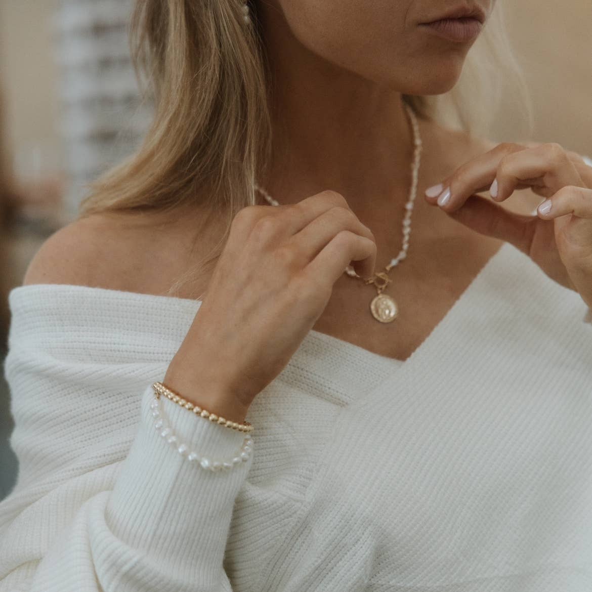 Saint Christopher Toggle Pearl Necklace Gold Filled