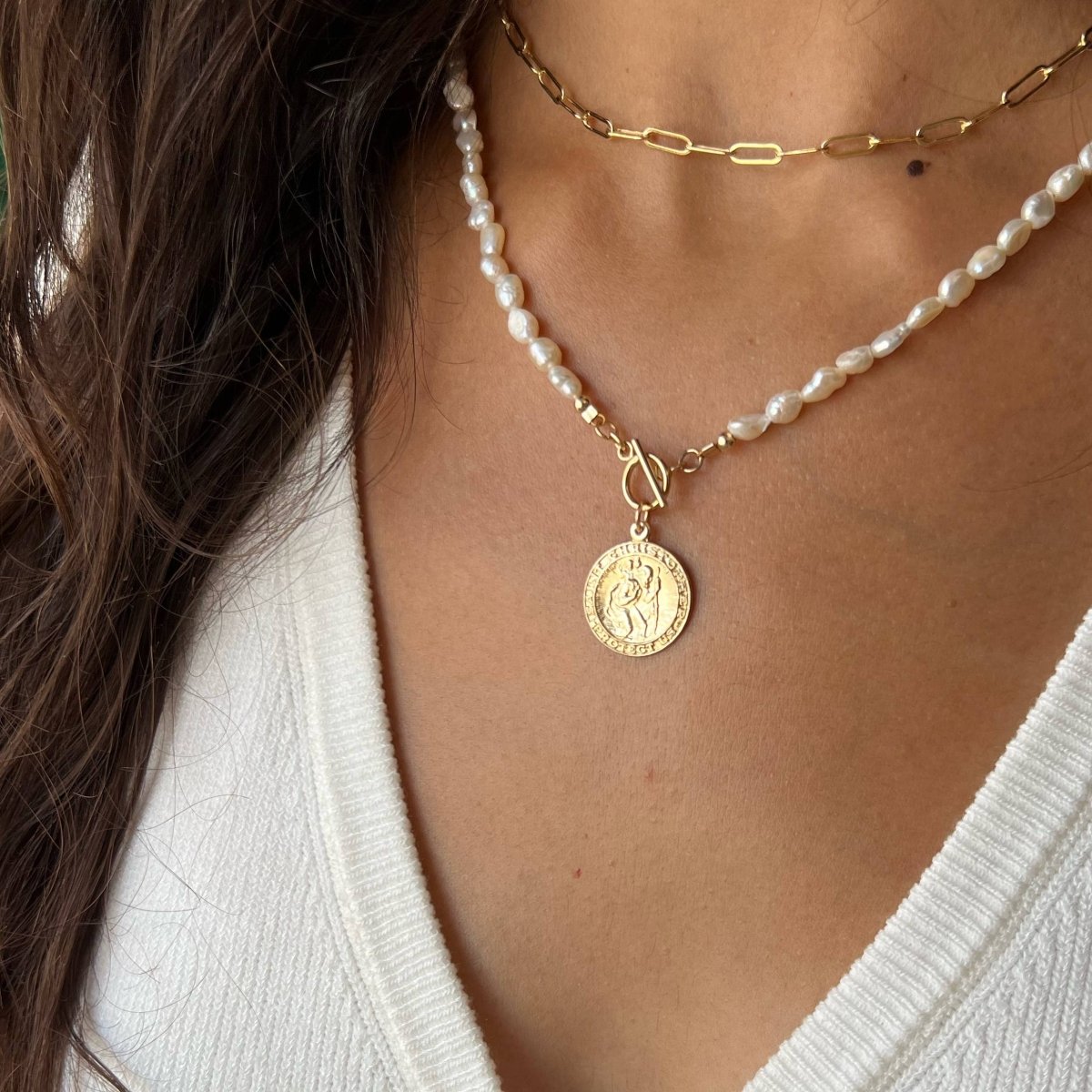 Saint Christopher Toggle Pearl Necklace Gold Filled