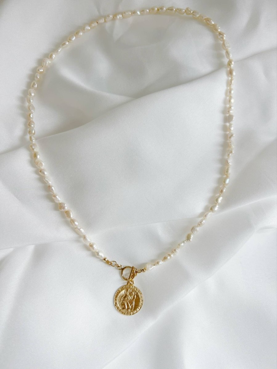 Saint Christopher Toggle Pearl Necklace Gold Filled
