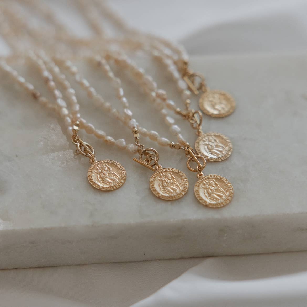 Saint Christopher Toggle Pearl Necklace Gold Filled
