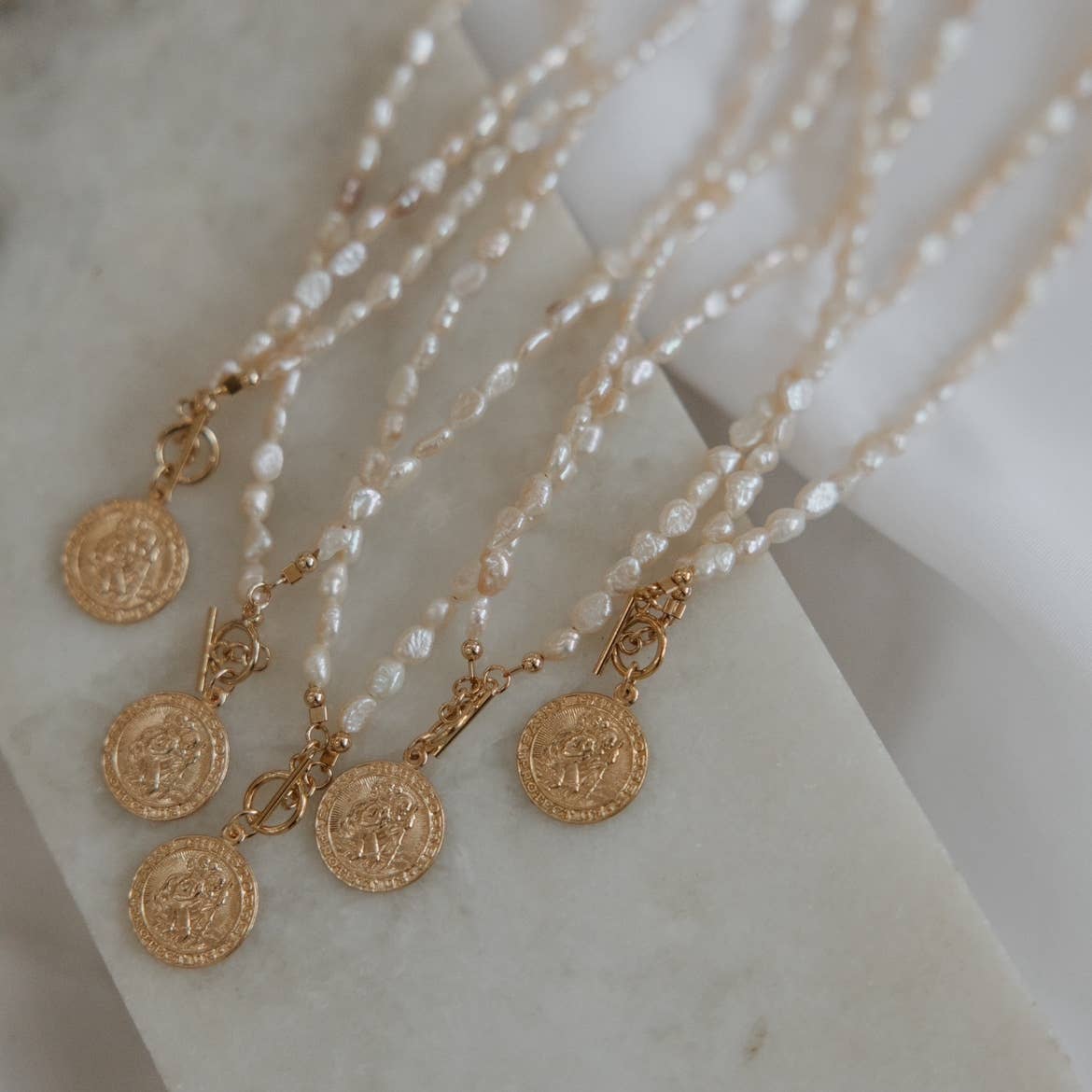 Saint Christopher Toggle Pearl Necklace Gold Filled